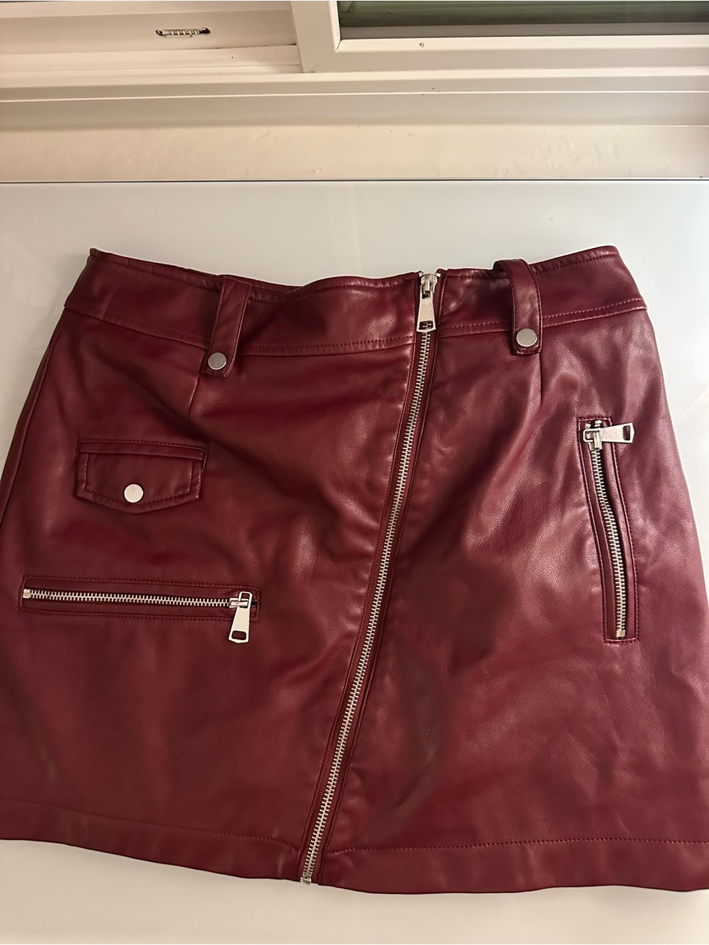 7 for all mankind Faux Leather Burgundy Mini Skirt with Zipper Detail